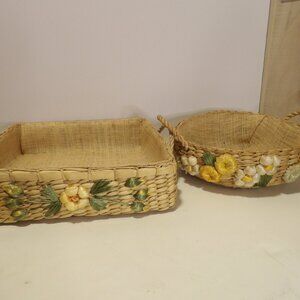 + Pair of 3D Floral Made in Philippines Floral Lined Straw Woven Baskets
